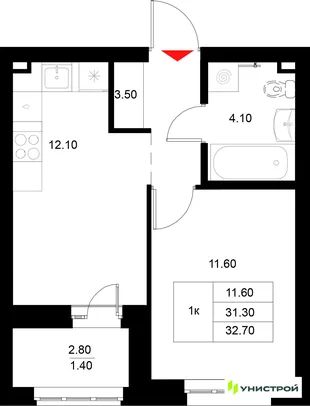 Планировка 1-комн. квартира, 32.7 м² ЖК «Уникод на Технической»