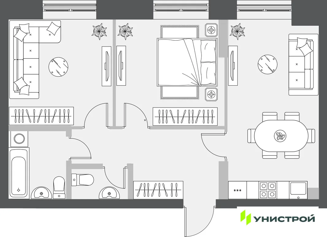 Планировка 2-комн. квартира, 57.42 м² ЖК «Уникум на Проспекте Победы»
