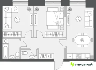 Планировка 2-комн. квартира, 57.42 м² ЖК «Уникум на Проспекте Победы»