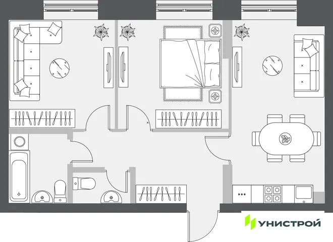 Планировка 2-комн. квартира, 57.42 м² ЖК «Уникум на Проспекте Победы» Планировка 2-комн. квартира, 57.42 м² ЖК «Уникум на Проспекте Победы»