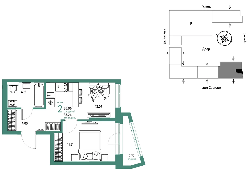 Планировка 2-комн. квартира, 35.96 м² ЖК «Остров-сад»