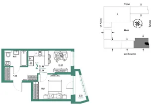 Планировка 2-комн. квартира, 35.96 м² ЖК «Остров-сад»