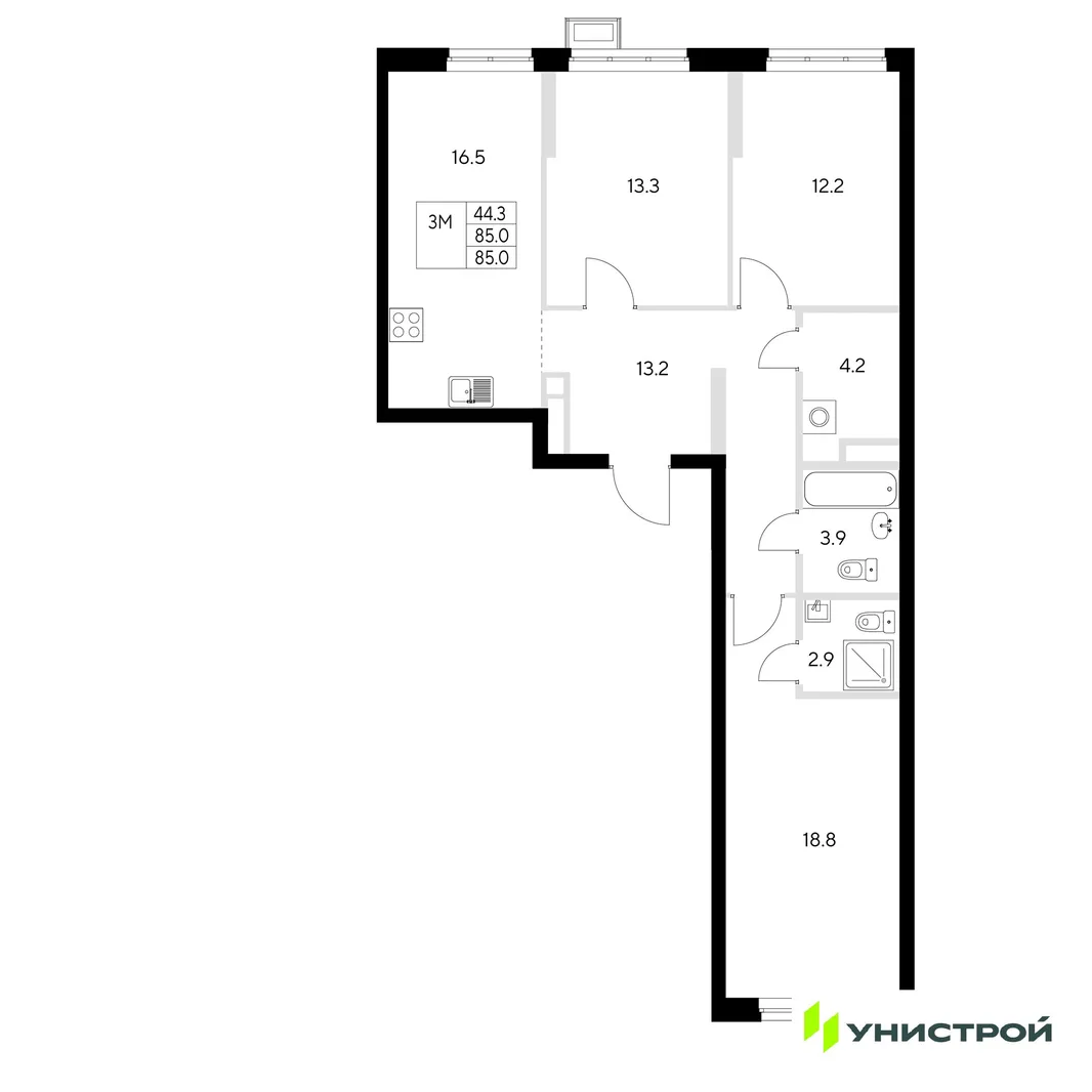 Планировка 3-комн. квартира, 85 м² ЖК «Стадиум»
