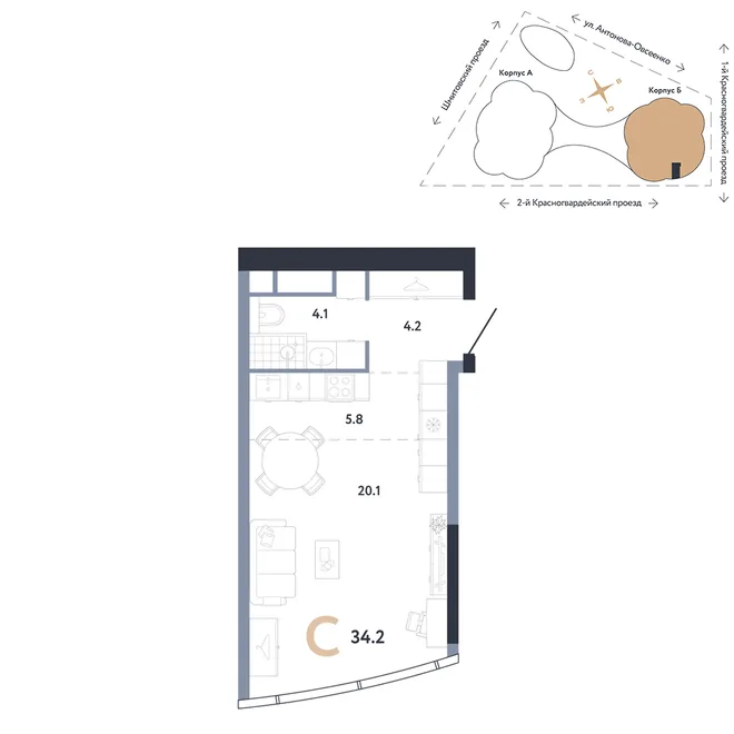 Планировка Студия, 34.2 м² ЖК «АУРУС Резиденции» Планировка Студия, 34.2 м² ЖК «АУРУС Резиденции»