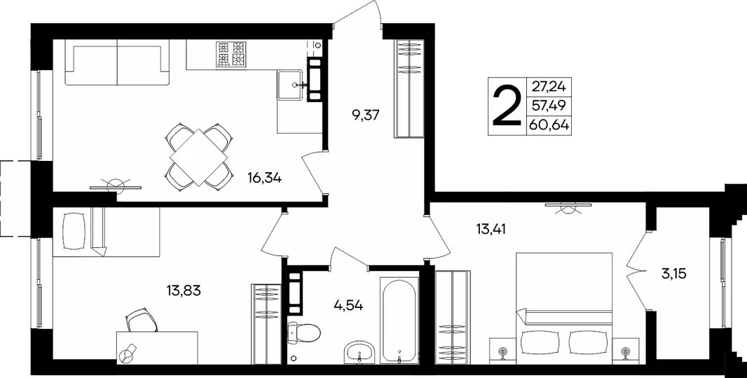 Планировка 2-комн. квартира, 60.64 м² ЖК «Семисчастье»