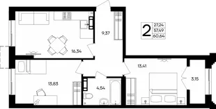 Планировка 2-комн. квартира, 60.64 м² ЖК «Семисчастье»