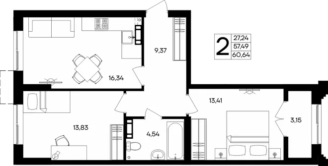 Планировка 2-комн. квартира, 60.64 м² ЖК «Семисчастье»