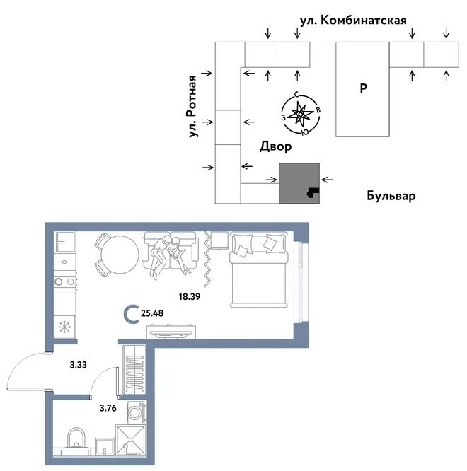Планировка Студия, 25.48 м² ЖК «Уральский сад» Планировка Студия, 25.48 м² ЖК «Уральский сад»