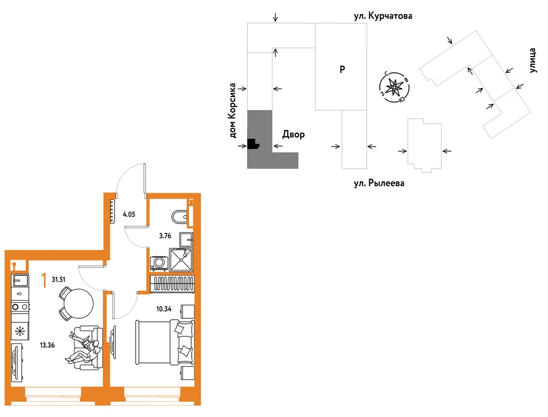 Планировка 1-комн. квартира, 31.67 м² ЖК «Остров-сад»
