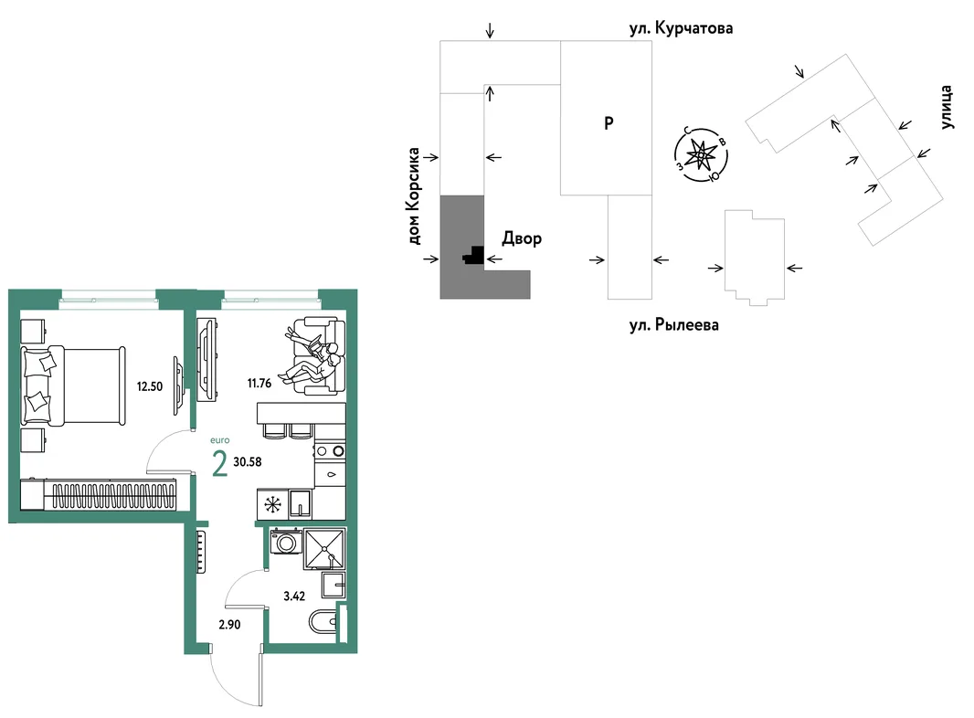 Планировка 2-комн. квартира, 30.58 м² ЖК «Остров-сад»