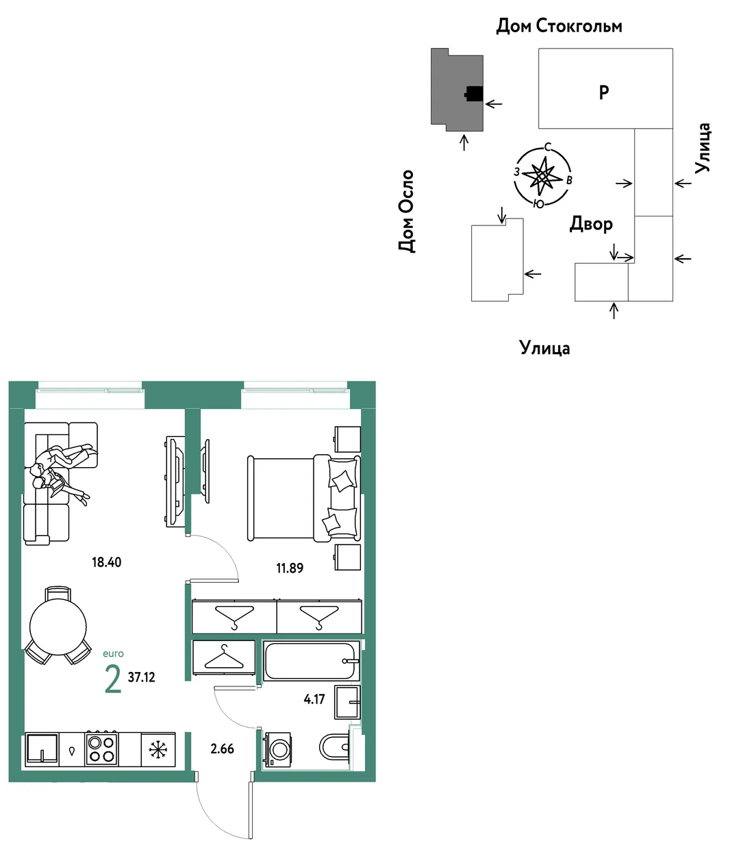 Планировка 2-комн. квартира, 37.12 м² ЖК «Европейский берег 2.0»