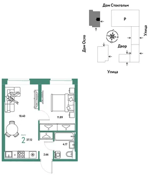 Планировка 2-комн. квартира, 37.12 м² ЖК «Европейский берег 2.0»