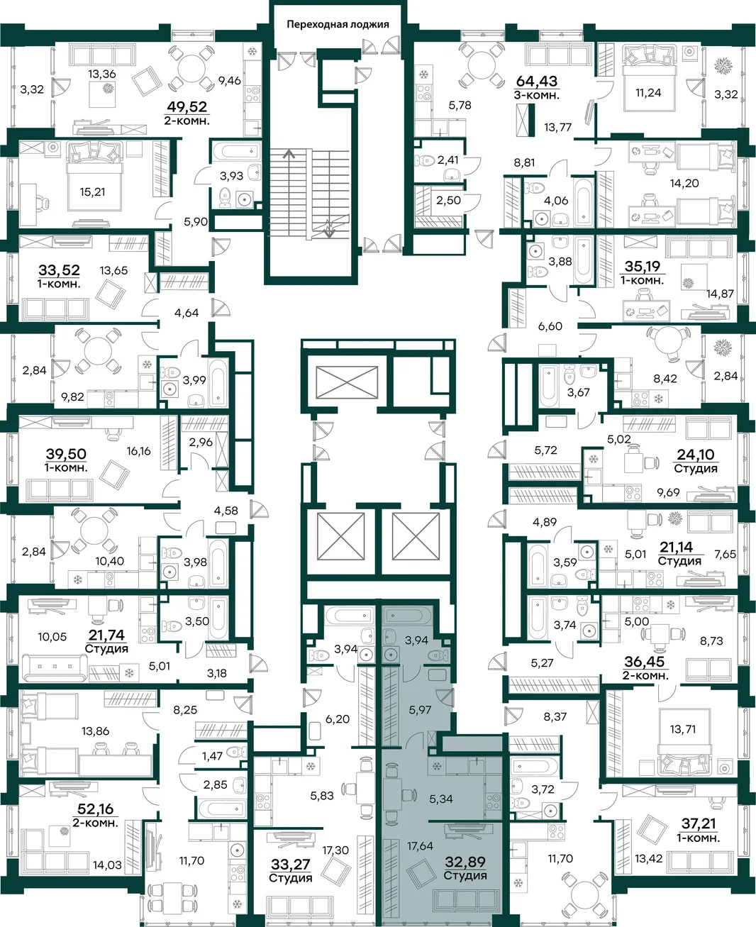 Планировка Студия, 32.89 м² ЖК «Аквамарин 2»