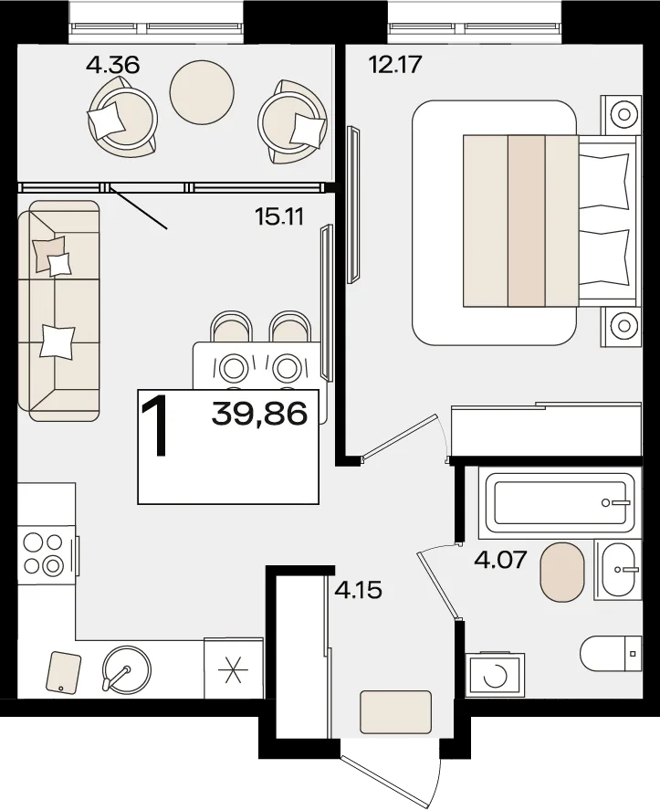Планировка 1-комн. квартира, 39.86 м² ЖК «Патрики»