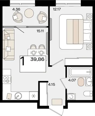 Планировка 1-комн. квартира, 39.86 м² ЖК «Патрики»