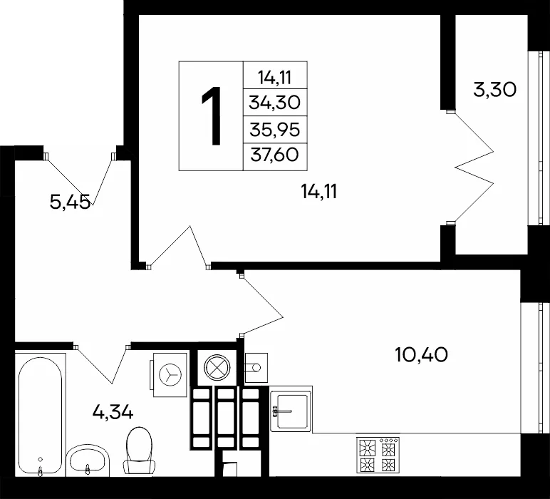 Планировка 1-комн. квартира, 37.6 м² ЖК «Сезоны»
