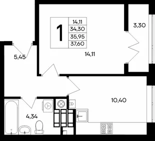 Планировка 1-комн. квартира, 37.6 м² ЖК «Сезоны»