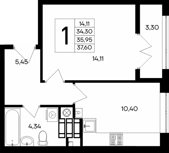 Планировка 1-комн. квартира, 37.6 м² ЖК «Сезоны»