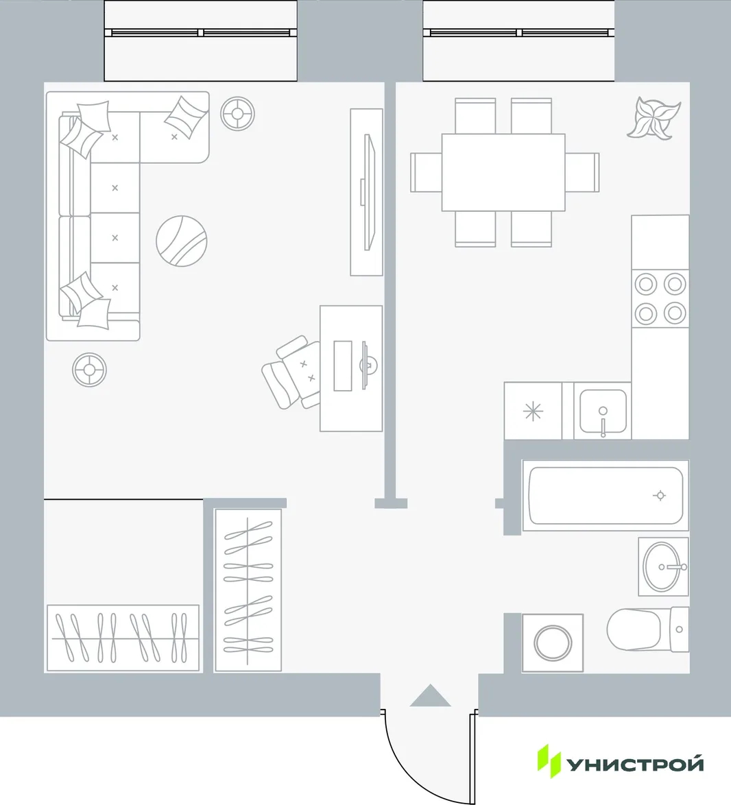 Планировка 1-комн. квартира, 38.18 м² ЖК «Причал»