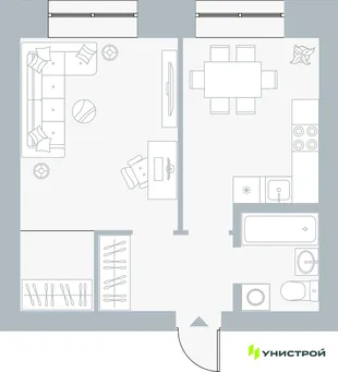 Планировка 1-комн. квартира, 38.18 м² ЖК «Причал»
