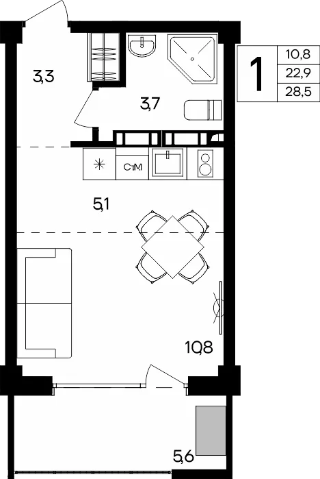 Планировка 1-комн. квартира, 28.5 м² Апарт-комплекс «Альморе»