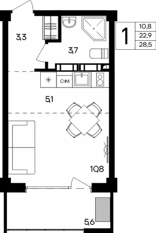 Планировка 1-комн. квартира, 28.5 м² Апарт-комплекс «Альморе»