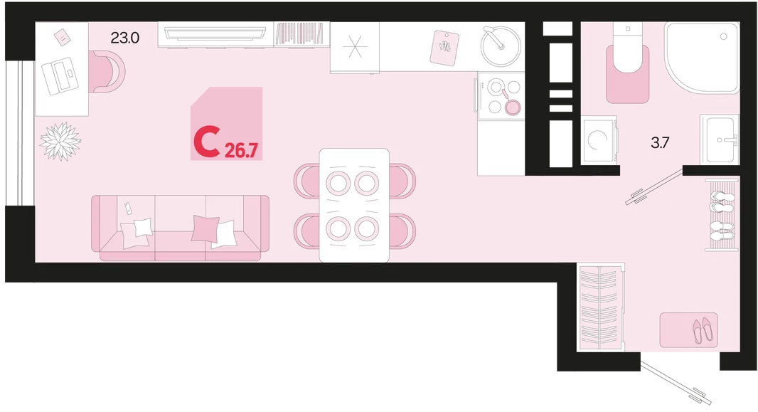 Планировка Студия, 26.7 м² ЖК «Первое место»