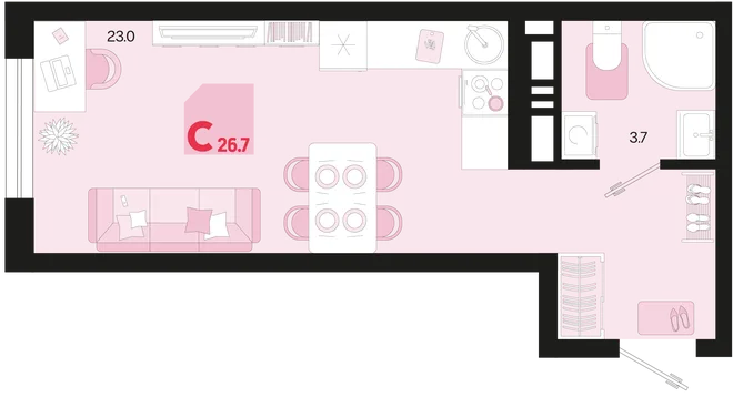 Планировка Студия, 26.7 м² ЖК «Первое место» Планировка Студия, 26.7 м² ЖК «Первое место»