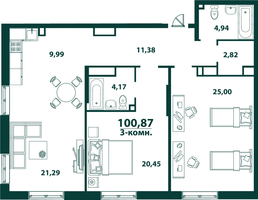 Планировка 3-комн. квартира, 100.66 м² ЖК «Аквамарин 2»