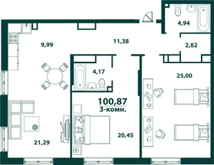 Планировка 3-комн. квартира, 100.66 м² ЖК «Аквамарин 2»