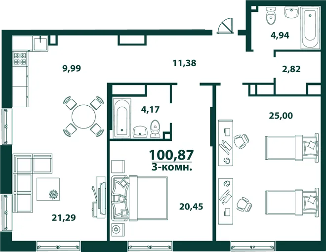 Планировка 3-комн. квартира, 100.66 м² ЖК «Аквамарин 2» Планировка 3-комн. квартира, 100.66 м² ЖК «Аквамарин 2»