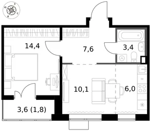 Квартира 2-комн. квартира, 43.3 м² ЖК «1-й Саларьевский» Фото 1