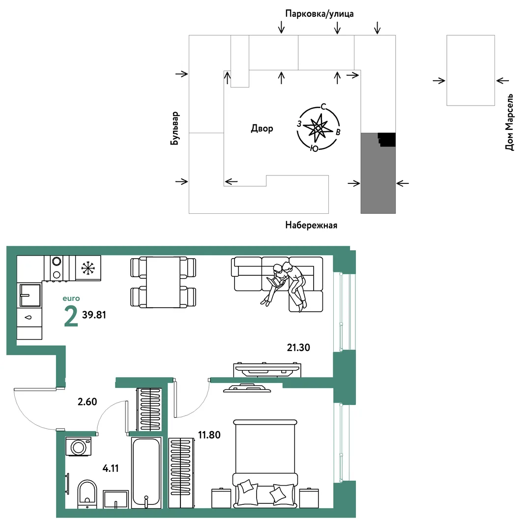 Планировка 2-комн. квартира, 39.81 м² ЖК «Европейский берег 2.0»