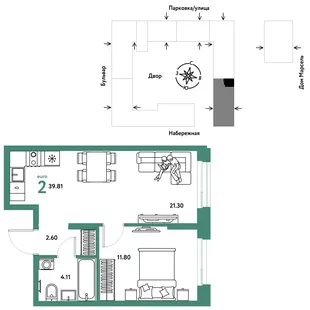 Планировка 2-комн. квартира, 39.81 м² ЖК «Европейский берег 2.0»