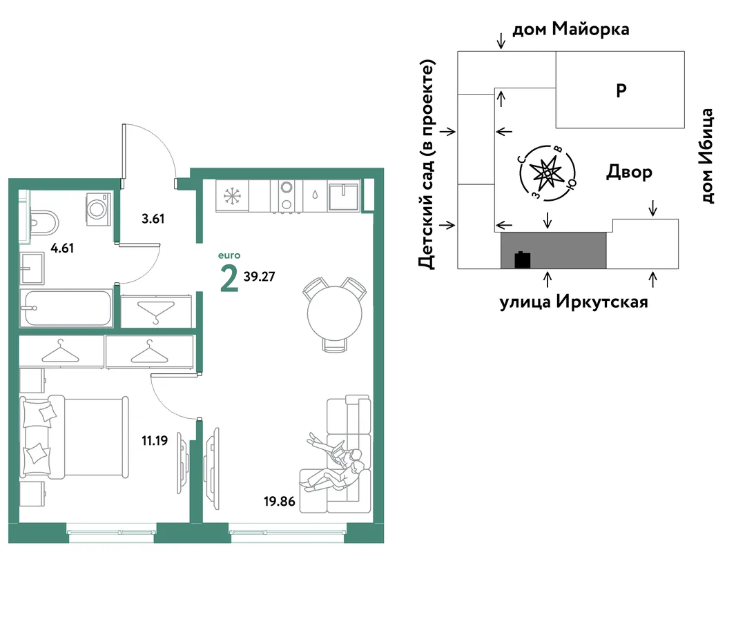 Планировка 2-комн. квартира, 39.27 м² ЖК «Остров-сад»