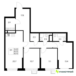 Планировка 3-комн. квартира, 85.7 м² ЖК «Стадиум»