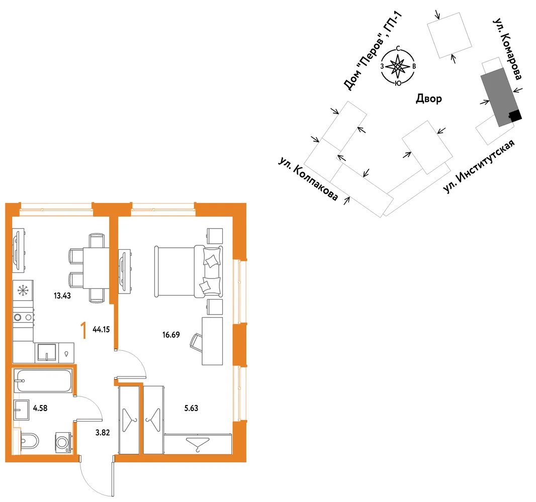 Планировка 1-комн. квартира, 44.15 м² ЖК «Страна.Парковая»