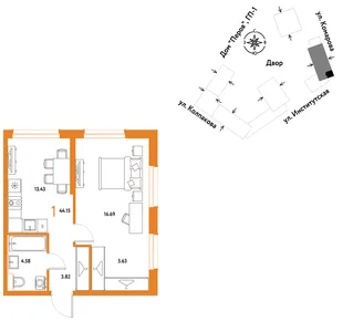 Планировка 1-комн. квартира, 44.15 м² ЖК «Страна.Парковая»