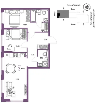 Планировка 3-комн. квартира, 65.13 м² ЖК «Микрорайон Домашний»
