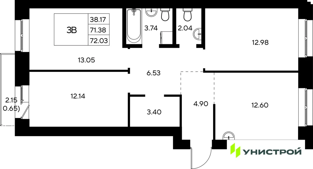 Планировка 3-комн. квартира, 72.03 м² ЖК «Царёво City»