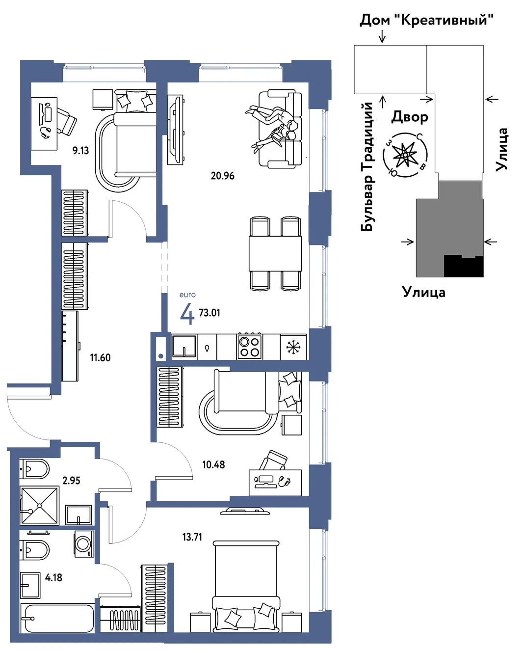 Планировка 4-комн. квартира, 73.01 м² ЖК «Микрорайон Домашний»