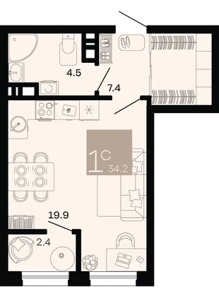 Планировка Студия, 34.2 м² ЖК «Хозяин морей»