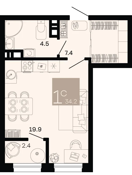 Планировка Студия, 34.2 м² ЖК «Хозяин морей» Планировка Студия, 34.2 м² ЖК «Хозяин морей»