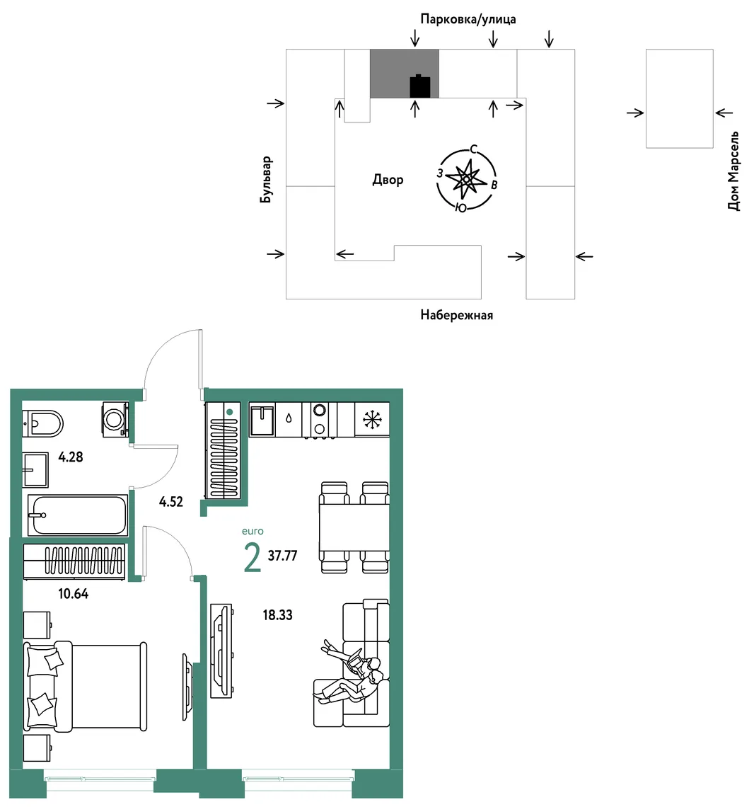 Планировка 2-комн. квартира, 37.77 м² ЖК «Европейский берег 2.0»