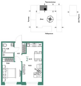 Планировка 2-комн. квартира, 37.77 м² ЖК «Европейский берег 2.0»