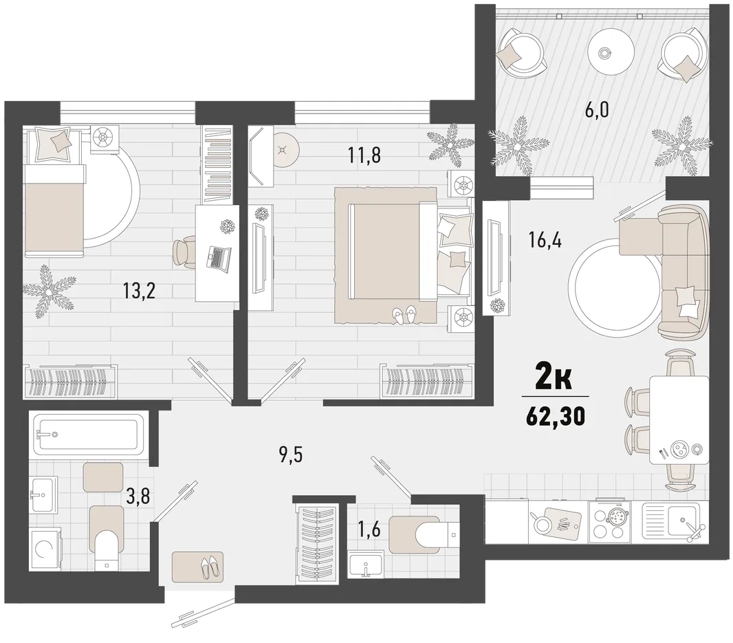 Планировка 2-комн. квартира, 62.3 м² ЖК «Барса»