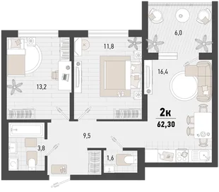 Планировка 2-комн. квартира, 62.3 м² ЖК «Барса»