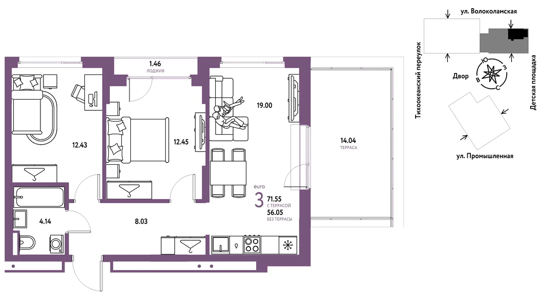 Планировка 3-комн. квартира, 71.55 м² ЖК «Страна Прибрежная»