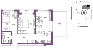 Планировка 3-комн. квартира, 71.55 м² ЖК «Страна Прибрежная»