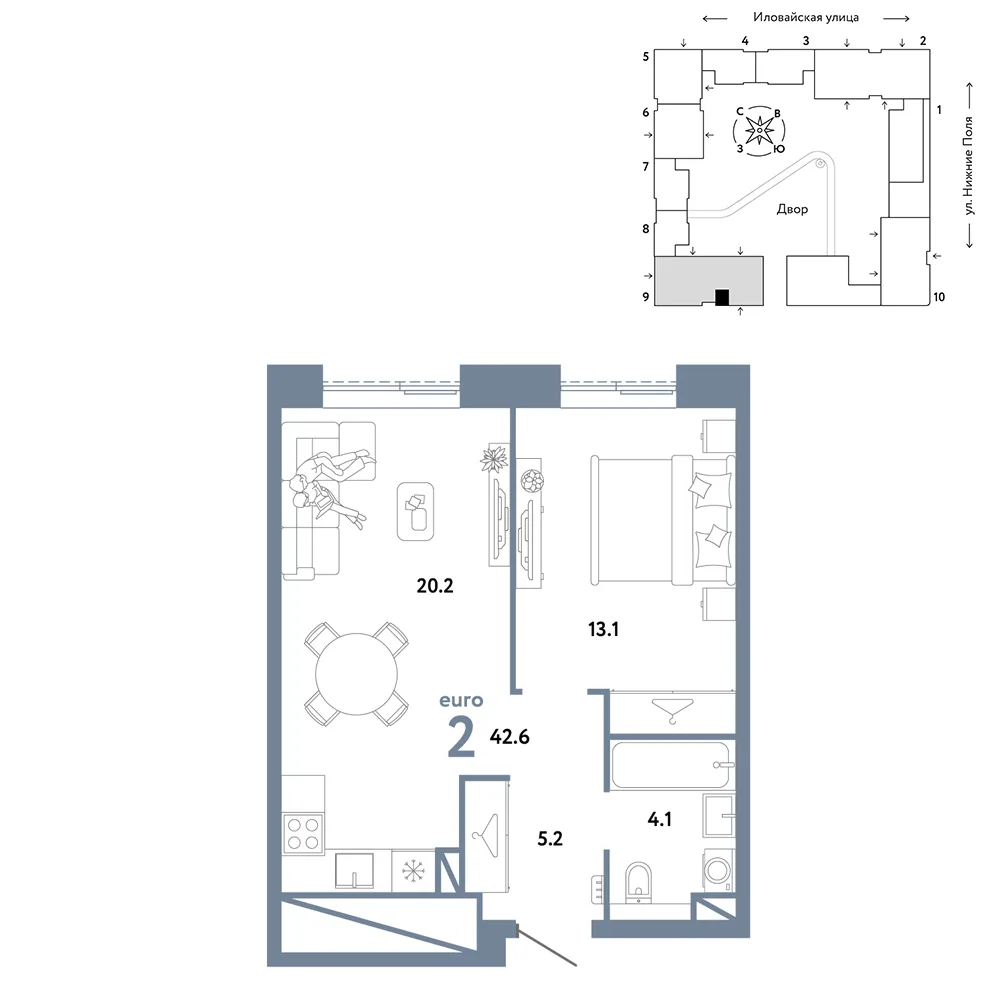 Планировка 2-комн. квартира, 42.6 м² ЖК «Страна.Заречная»